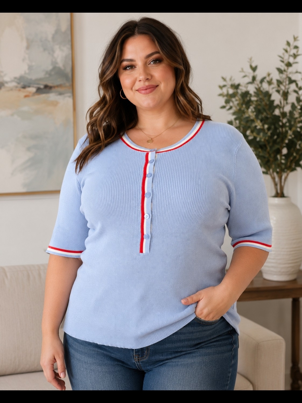 Light Blue Ribbed Henley Top with Red & White Trim